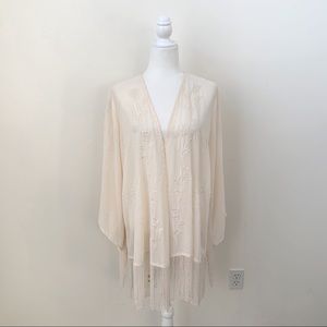 Lush Cream Embroidered Fringe Wide Sleeve Kimono
